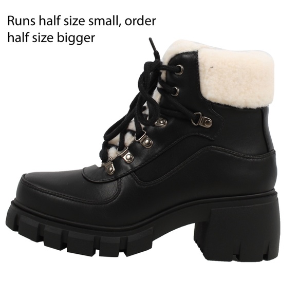 Black Faux Leather Shearling Trim Lug Winter Ankle Bootie - Picture 2 of 7